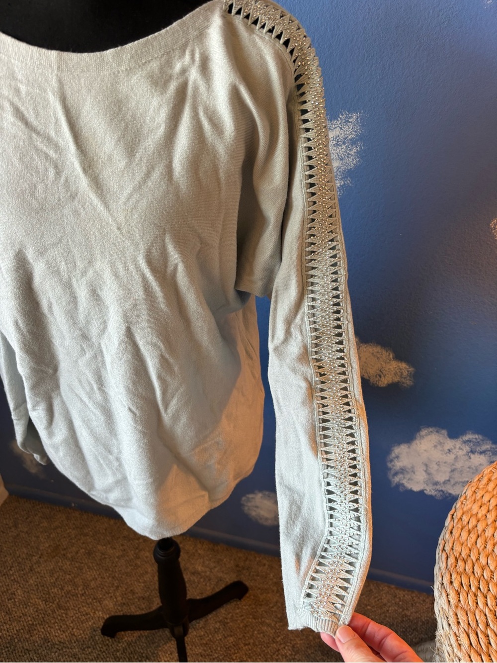 Vila Milano Boat Neck Light Blue/Grey Sweater with Rhinestone Cut Out Sleeves, L